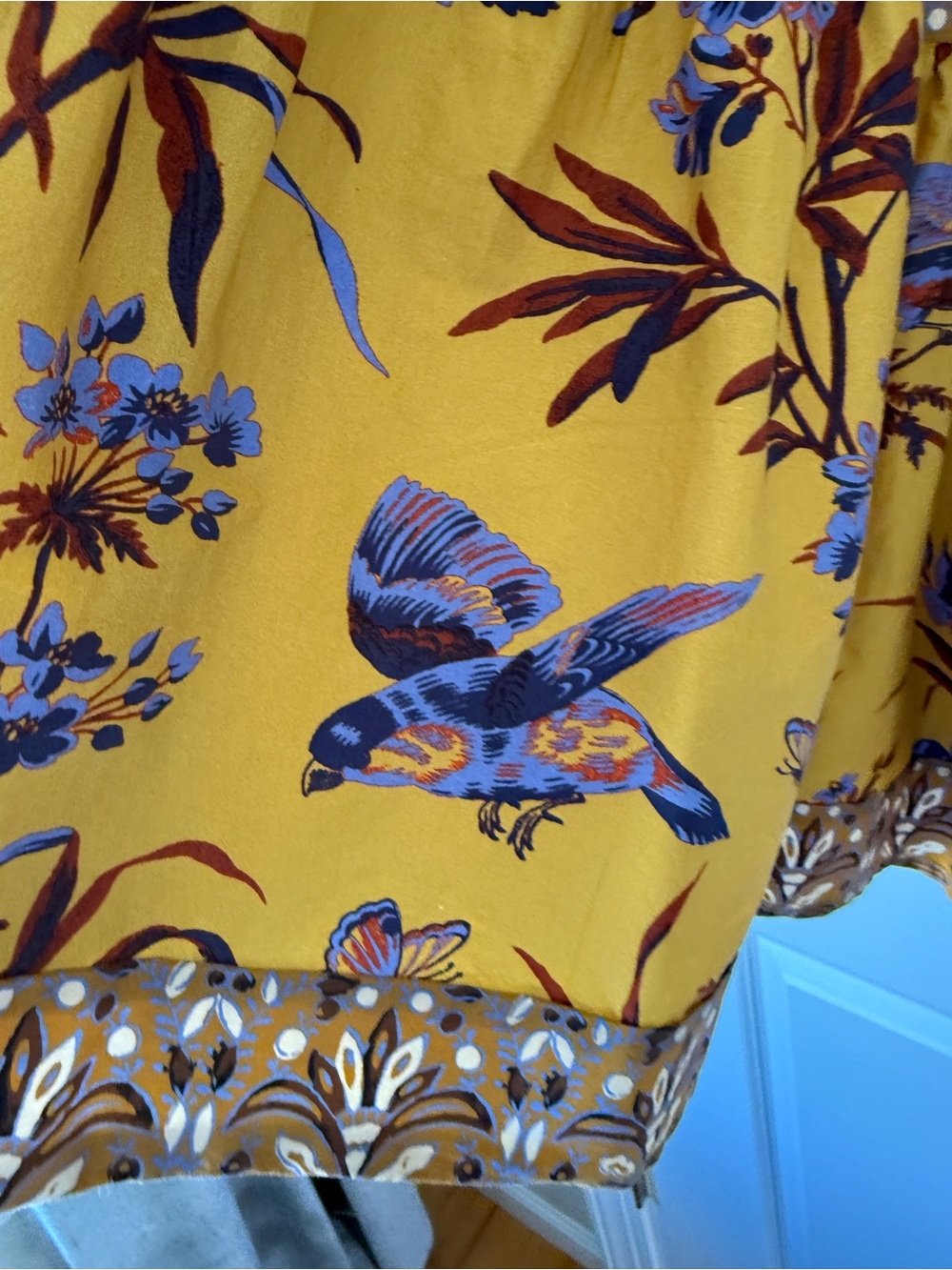Sundance Parisian Menagerie Tiered Bird Print Midi Skirt in Mustard, Lined, XL - Picture 5 of 14